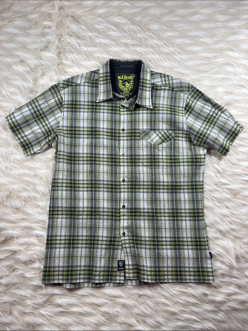 KUHL Short Sleeve Men's XL Green Cream Plaid Shirt